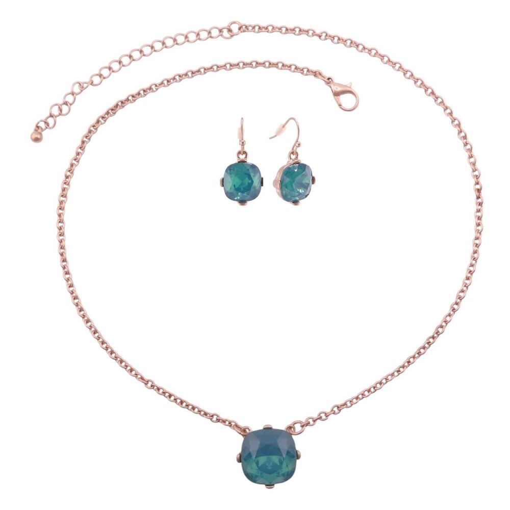 Rain Mermaid Blue/Green Cushion Cut Crystal Goldtone Necklace & Earring Set NWT